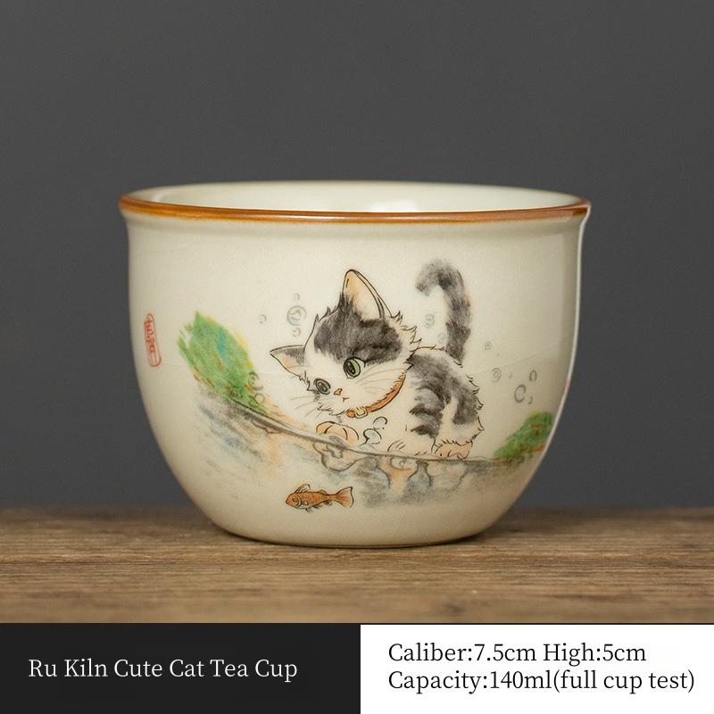 140ml Ru Kiln Cute Cat Tea Cup Ceramic High-end Exquisite Master Cup Tea Tasting Cup Chinese Yellow Ceramic Opening Tea Cup  200ml