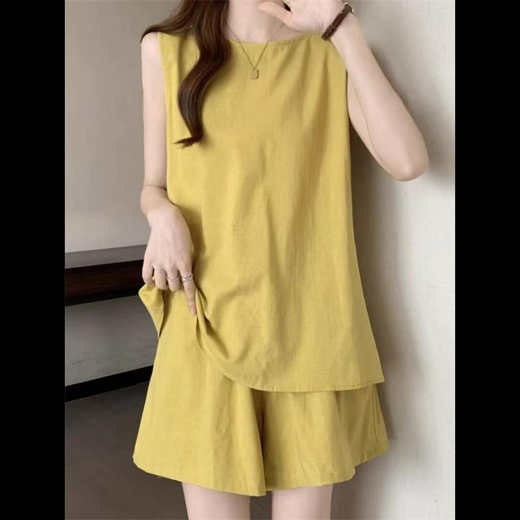 Large size women's clothing fat mm yellow sleeveless top and shorts set summer clothing with a complete set of casual thin two-piece set