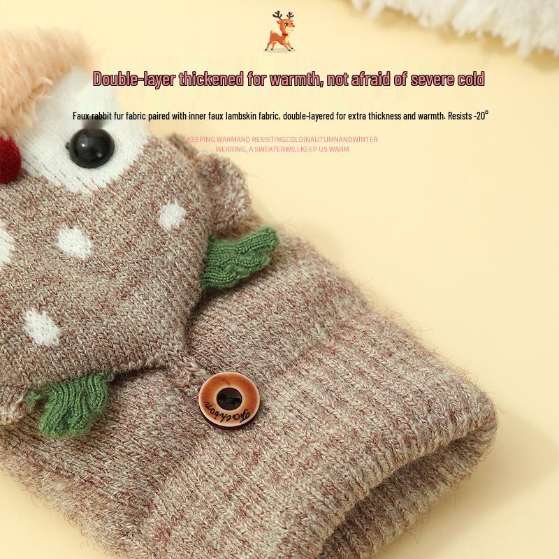 Guanti invernali in pile con cappuccio e mezze dita, stile cartone animato natalizio, unisex, per studenti