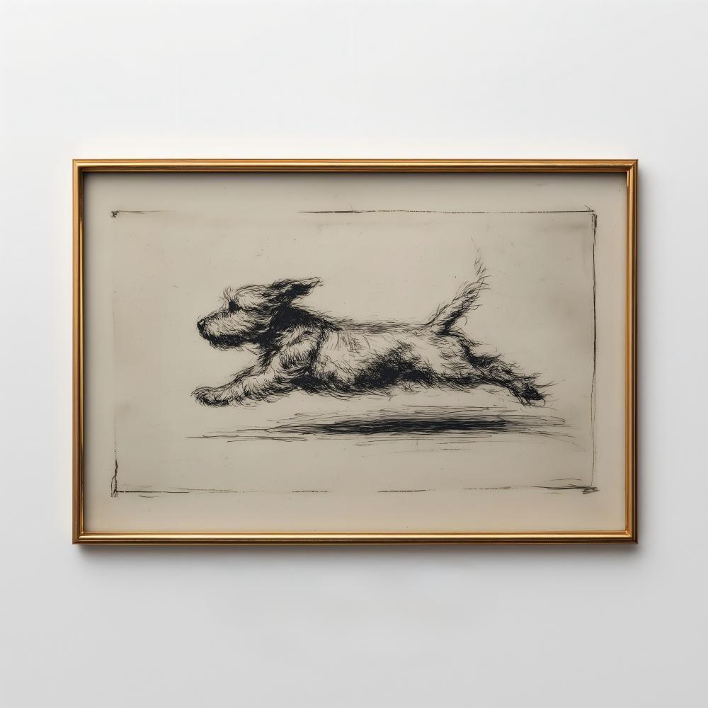 Retro Running Dog Pattern, Antique Terrier Sketch, Running Puppy Art Painting, Home Decoration, Wall Art, a Gift For Dog Lovers. 21X30CMNo Framed