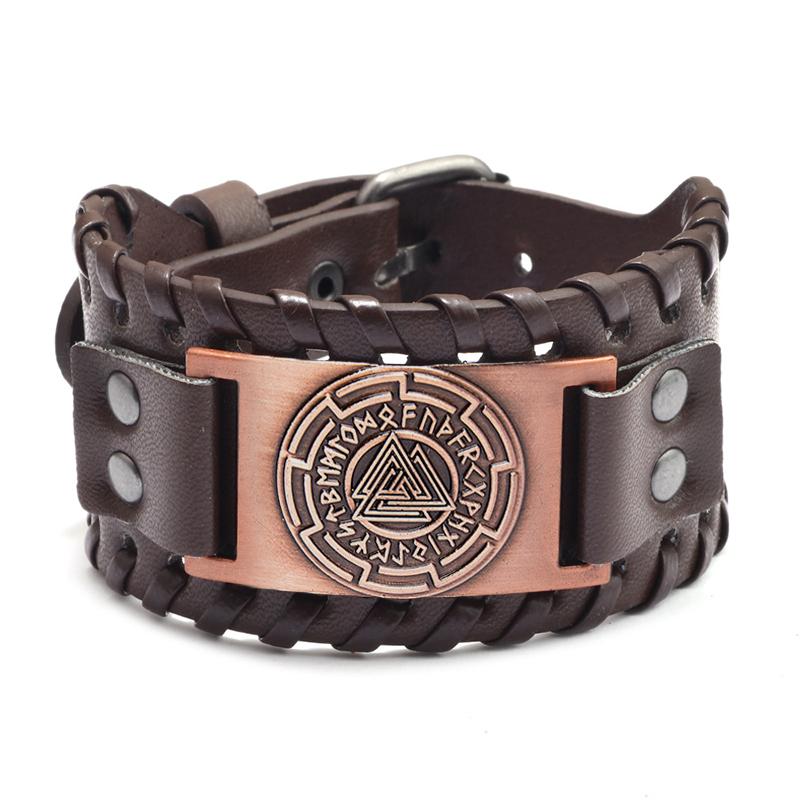 Trendy Totem Design Triangular Viking Rune Bracelet Men's Bracelet Genuine Leather Nordic Viking Accessories Jewelry Wholesale