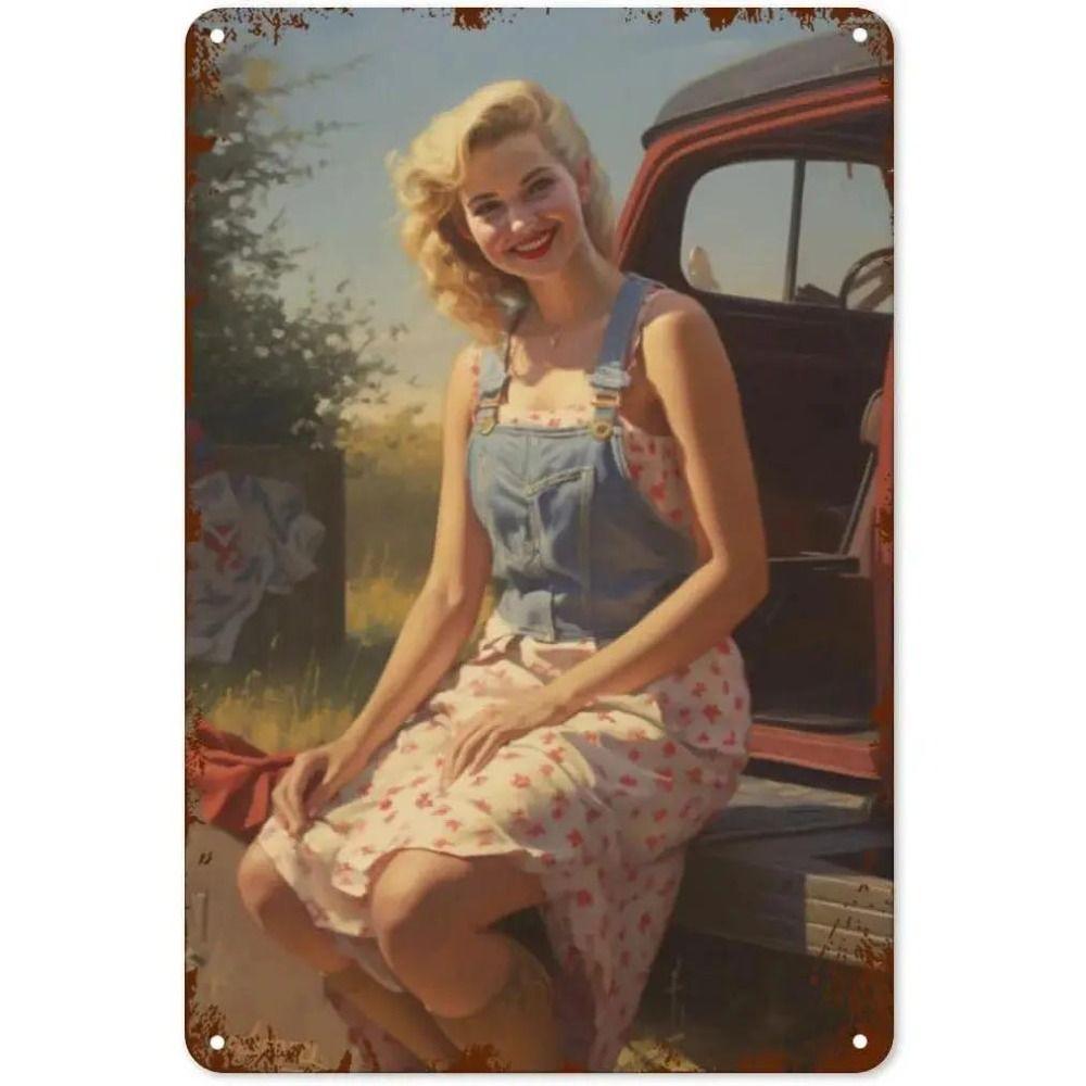 Retro Pinup Girls Classic Cars Metal Sign Wall Decor Garage Bar