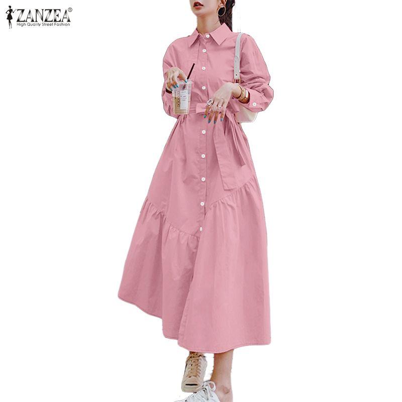 ZANZEA Women Turn Down Collar Casual Long Sleeve Loose Shirt Dress