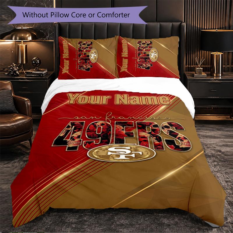 San Francisco 49ers Customized Name Text Bedding Set, 1 Duvet Cover & 2 Pillowcases Personalized Bedroom Gift