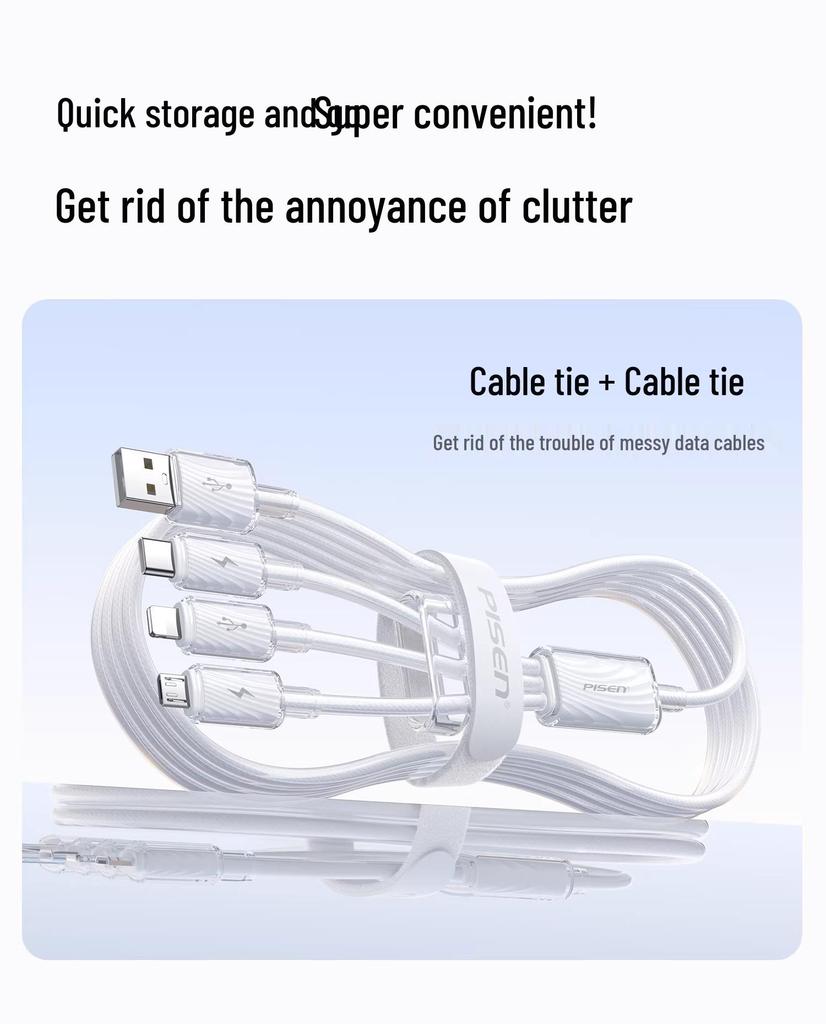 PISEN 100W 3-in-1 Fast Charging Cable, 6A for Apple and Huawei Devices