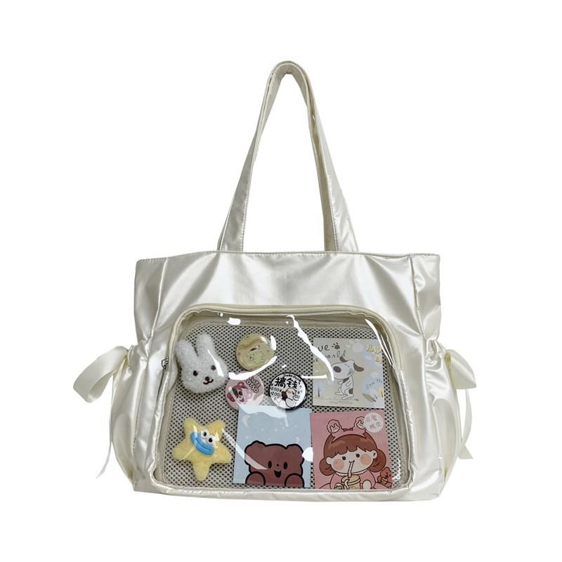 

Y2K Cute Bow Ita Bag Women Transparent Shoulder Bag Nylon Pleated Korean Style Fashion Tote Bag Large Capacity Female Handbag No DIY Accessories