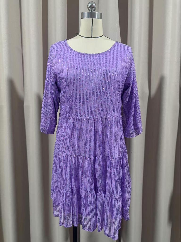 Sequined Round Neck Loose Waist Short Sleeve Dress for Banquets