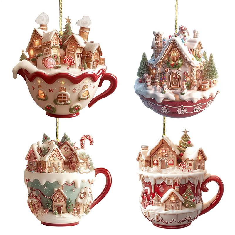 Acrylic Coffee Cup Ornament 2D Art Keychain Pendant Christmas Snow House Pendant Decoration Christmas Tree Pendant Decoration