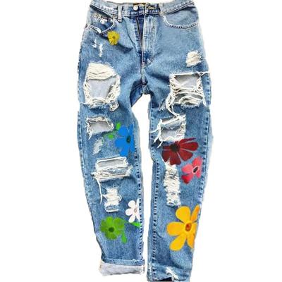 Women's Ripped High Waist Jeans Floral Print Jeans