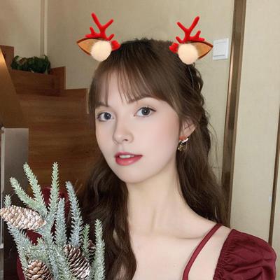 1 Pair Reindeer Antler Hair Clips for Christmas Fluffy Ear Headband with Pom Poms Festive Girls Hair Accessories Gift for Women Kids