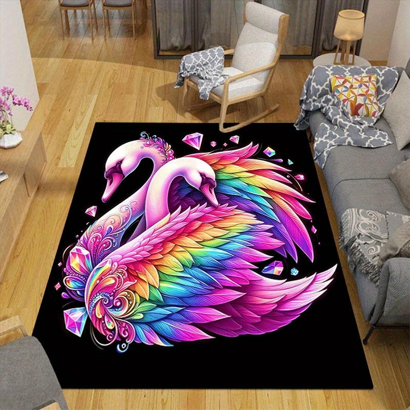1pc Colorful Swans Print, Design Indoor Area Rug - Soft, Anti-Slip, and Durable Gaming Room Decor for Bedroom