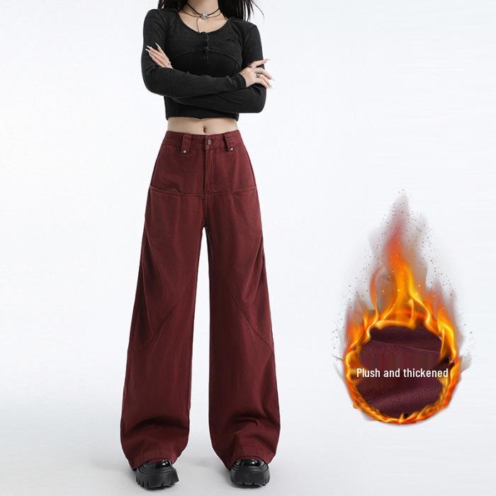 

Ancola Women s Red High-Waist Wide-Leg Jeans - Autumn/Winter 2025 Collection, Plus Velvet, Loose Fit, Straight-Leg with Pockets. S