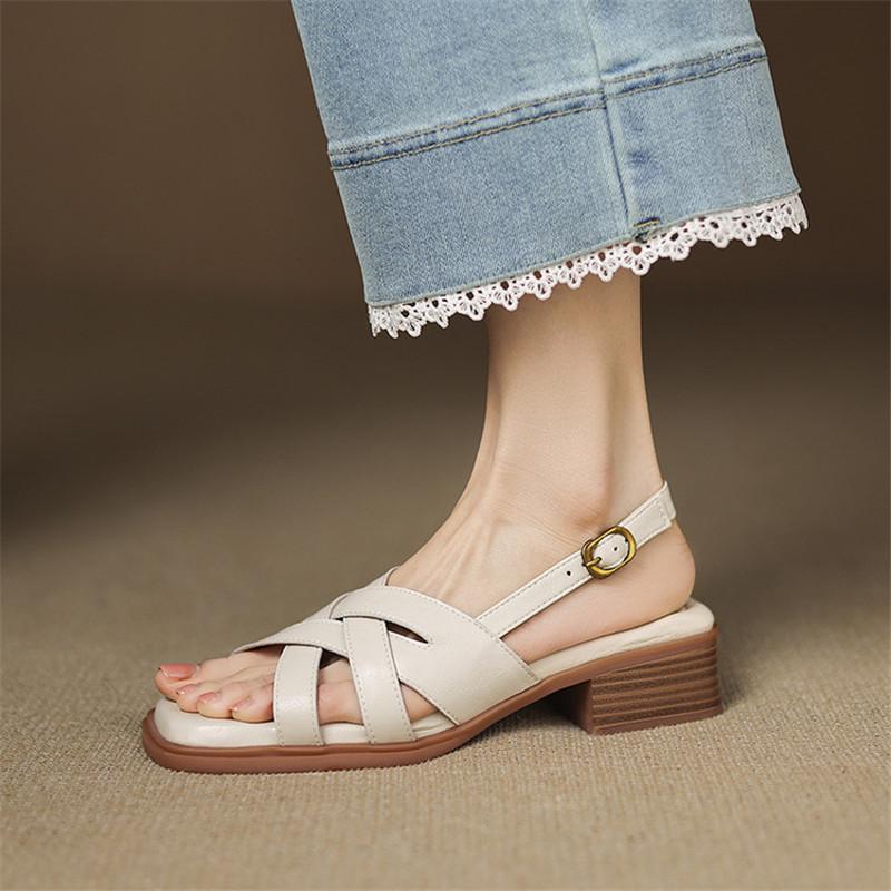Fashion New Summer Sandals Split Leather Women Shoes Square Toe Sandals for Women Fashion Chunky Heel Sandals High Heels Gladiator Shoes