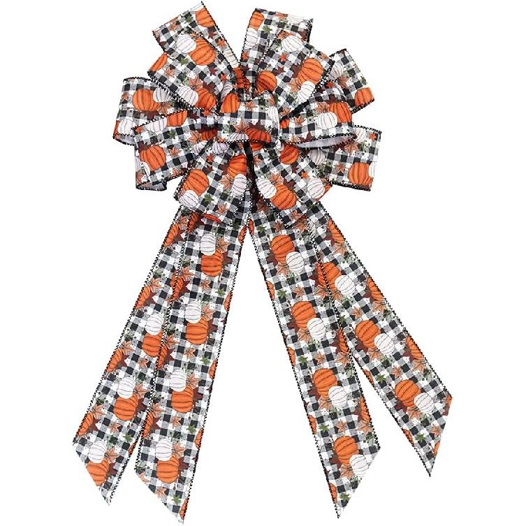 Large Fall Plaid Bow for Wreath, Autumn Thanksgiving Bow for Front Door Indoor Outdoor Wall Decoration Supplies Ornaments