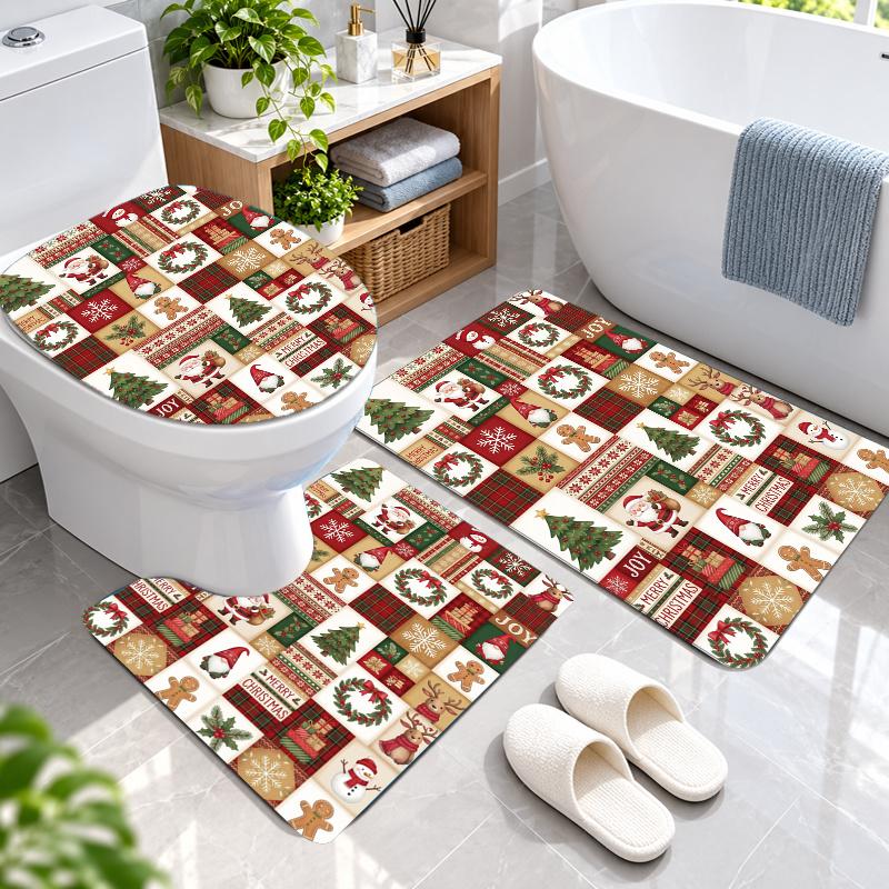 3Pcs Flannel Toilet Mat Set Christmas Bathroom Rug Bath Carpet Non Slip Home Decor