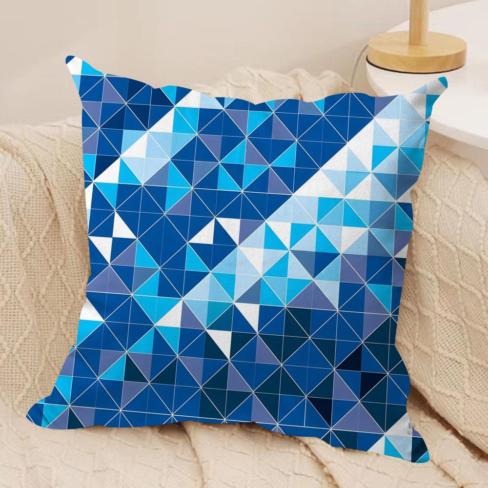 Blue and White Geometric Cushion Cover Silky Short Plush Sofa Pillow Cover Hidden Zipper Soft Dustproof Case for Home Decor