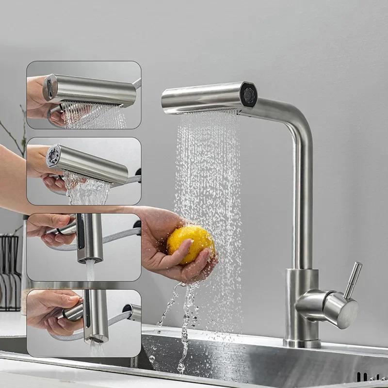 4 Modes Kitchen Faucet Stainless Steel WashBasin Mixer Tap Multi-functional Pull-out Sink Faucet Waterfall Bathroom Faucets