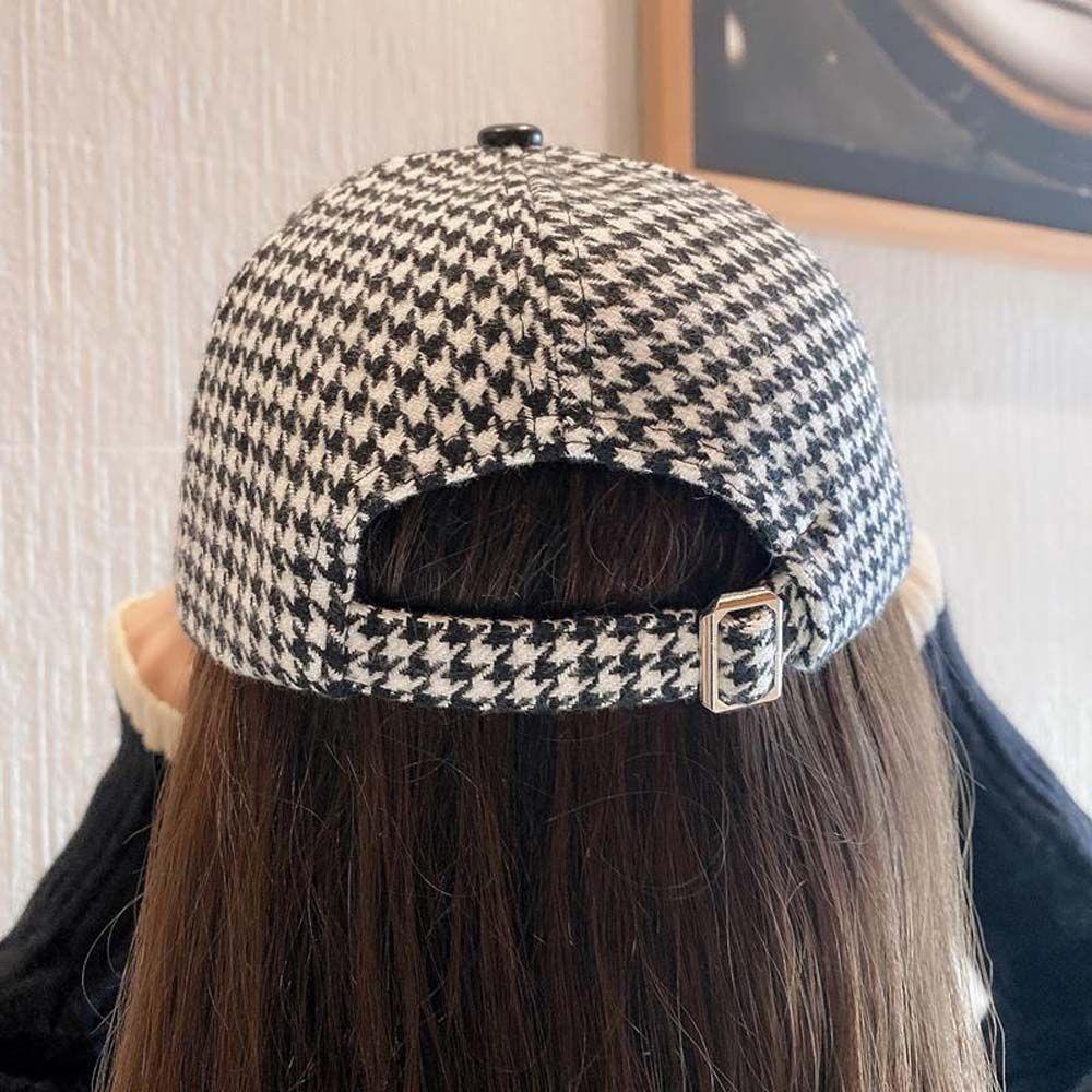 Adjustable Khaki Coffee Black Face Cap Houndstooth Baseball Cap Pu Leather Brim Korean Style Hat