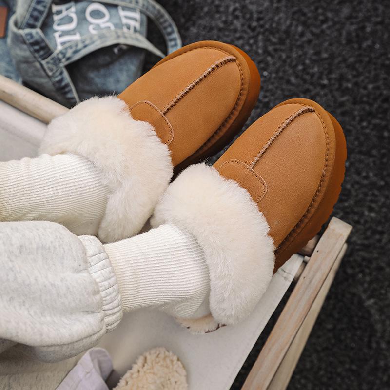 Women's Furry Leather Snow Boots - Thick Sole, Closed Toe, Non-Slip, Warm Slippers