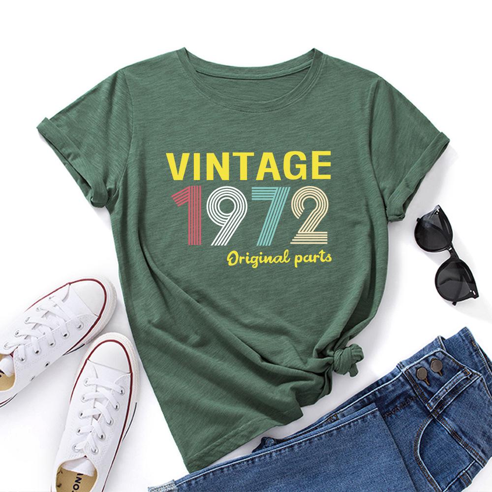 1972 Vintage Alphabet Cotton T-Shirt Short Sleeve Round Neck Women 2d Print Tops