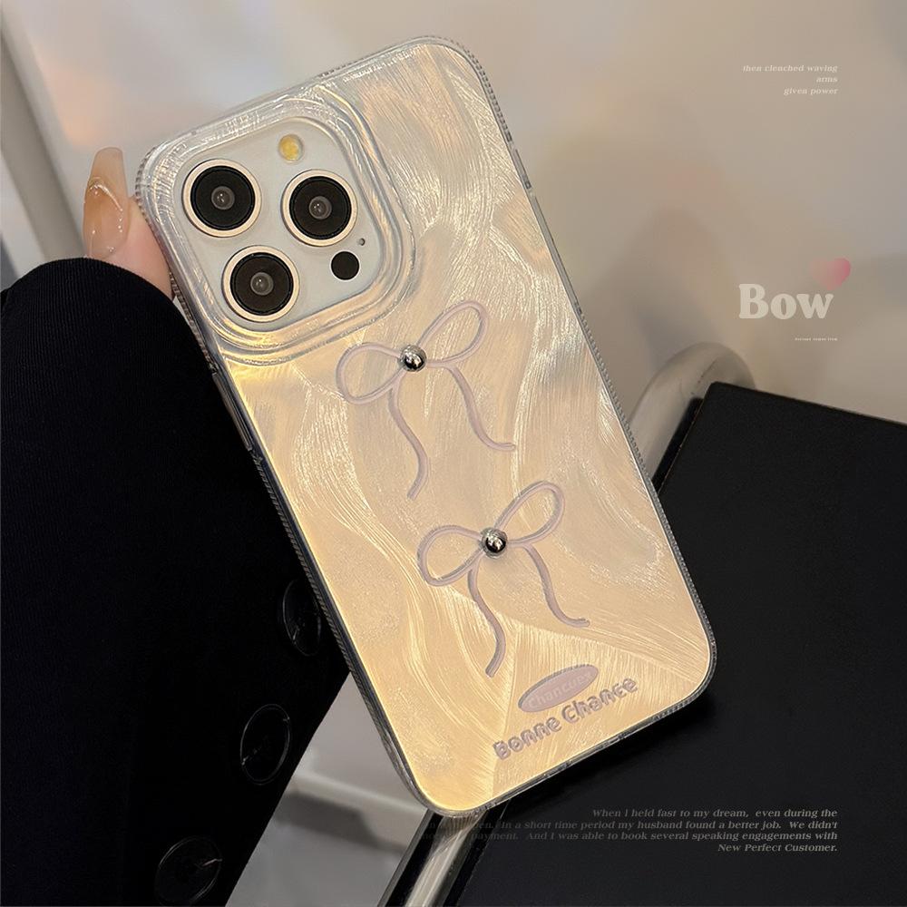Three Dimensional Silver Pearl Powder Bow Mobile Phone Case Suitable for Apple 15promax Feather Iphone16 Anti Fall 12 Hard 14