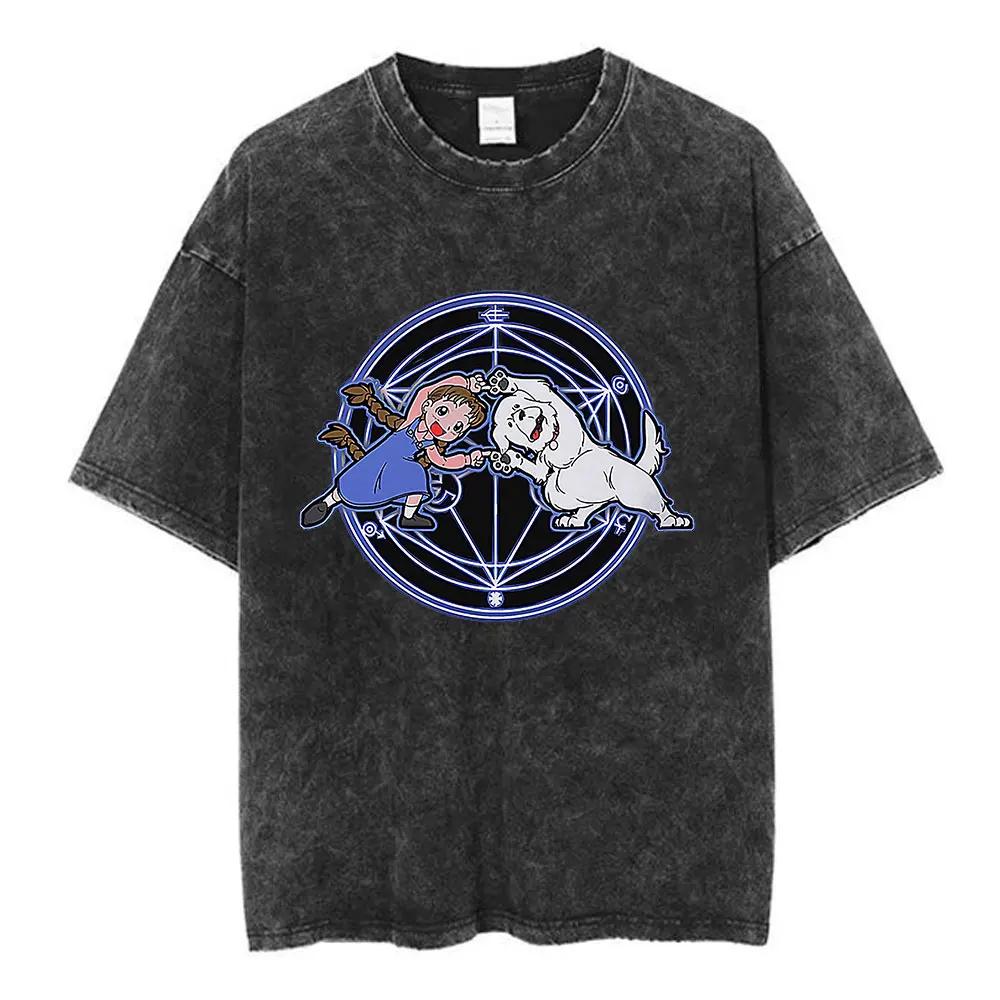 Magliette Lavate Anime Fullmetal Alchemist Edward Elric Alphonse Elric T-Shirt Uomo Donna Moda Casual Magliette Oversize Top