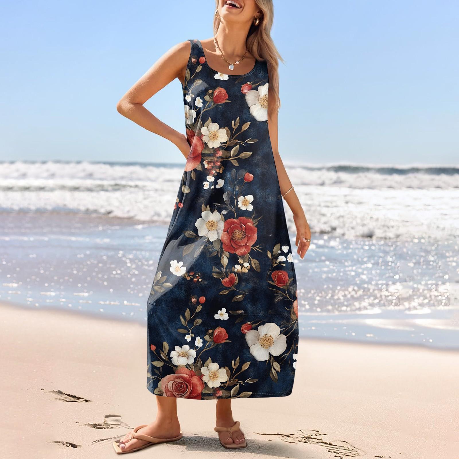 Женский повседневный длинный сарафан, летнее пляжное платье, круглый вырез, без рукавов, свободный сарафан XL