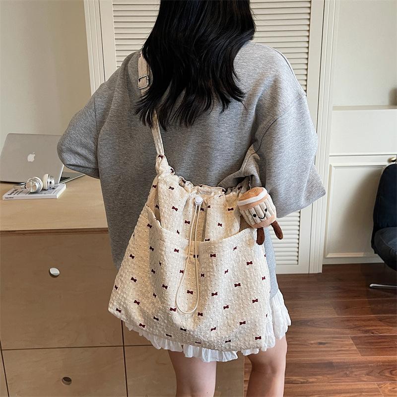 Striped canvas bag women's large capacity summer versatile shoulder messenger bag drawstring premium sense bucket bag
