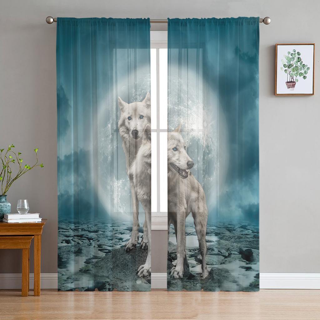 Wolf Forest Animal Tylové závěsy do obývacího pokoje Voile Průsvitný okenní závěs do ložnice Šifonové závěsy do kuchyně
