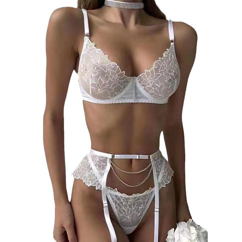"Bílá řetízková květinová výšivka Sexy spodní prádlo Sada podprsenky"