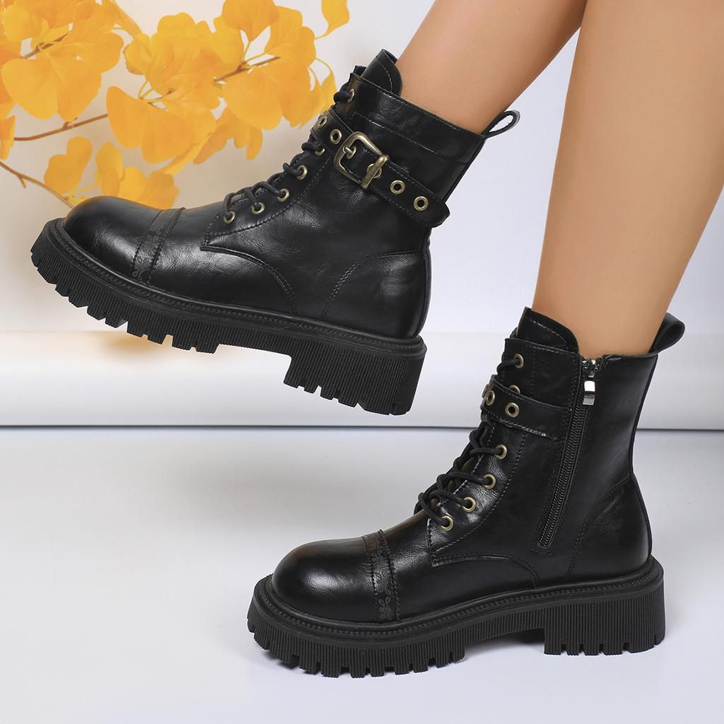 Mode Mode Metallschnalle Riemen Motorradstiefel Damen Herbst Winter Plateau Kampfstiefeletten Frau Wasserdicht PU Leder Stiefeletten