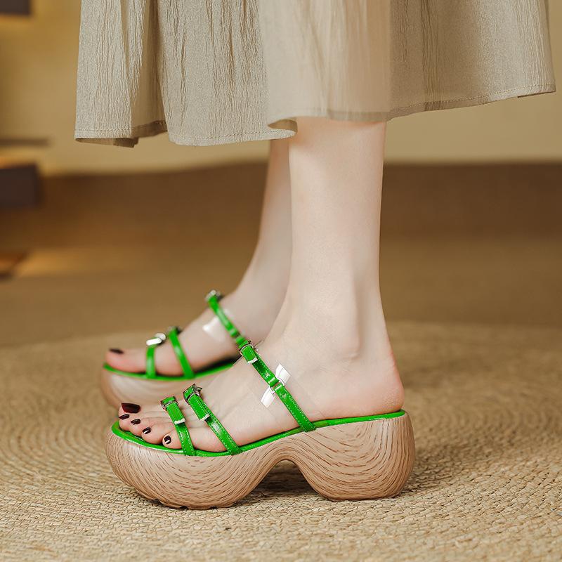 Thick-soled Heightening Roman Sandals for Women's New Summer Outer Wear, One-word with Wedged Muffin, One-pedal Retro Cool Slippers