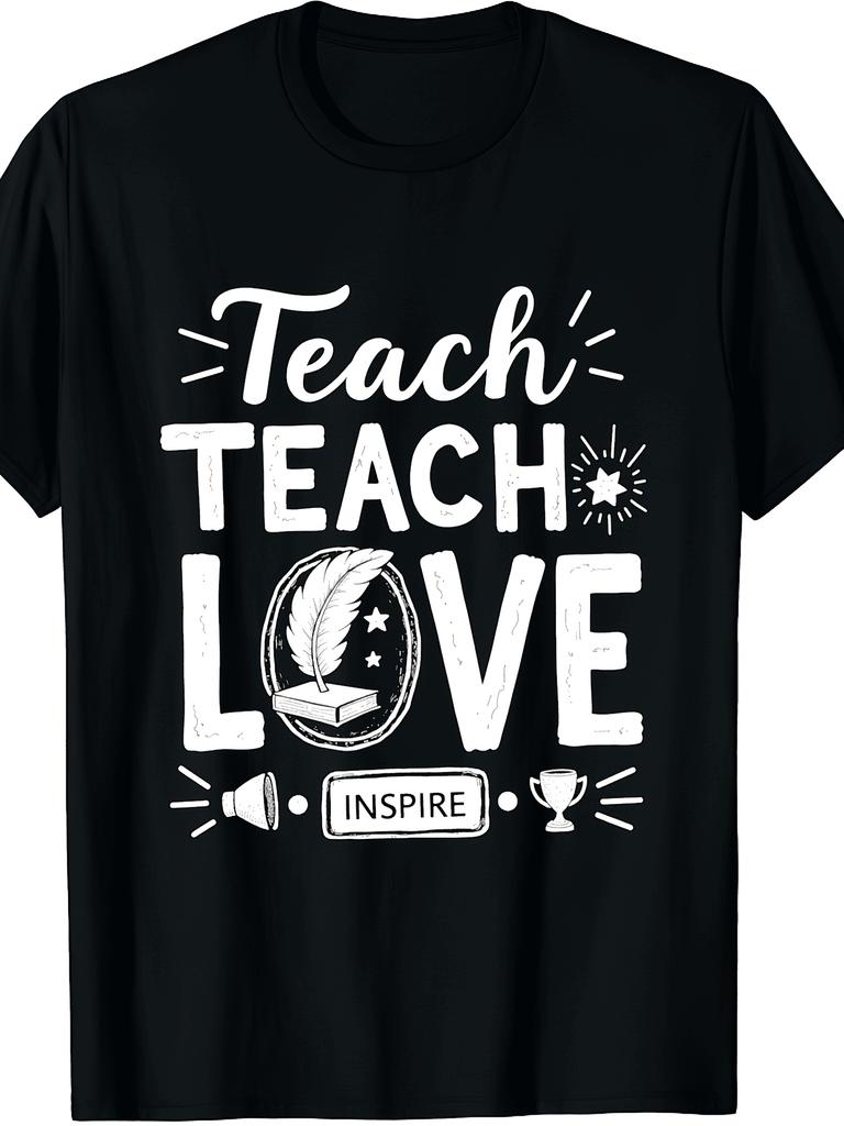 Unisex Teach Love Inspire Education Theme Design with Quill And Trophy Crew Neck Short Sleeve T-Shir