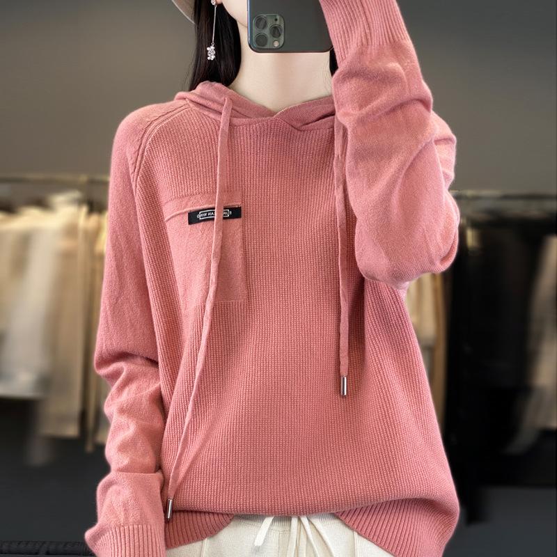 DAFIFY Women's Fashion Casual Fall Winter Solid Color Print Long Sleeve Hooded Sweaters