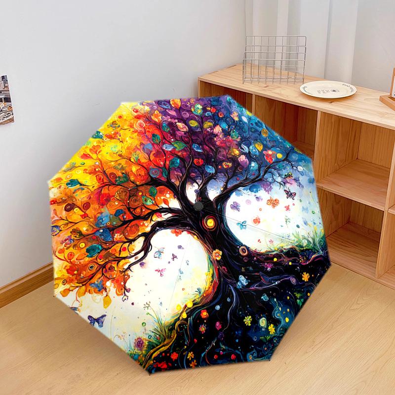 1 PC Automatic Folding Umbrella - Colorful Tree Pattern, Portable & Foldable Design with 8 Ribs, Christmas Birthday Gifts