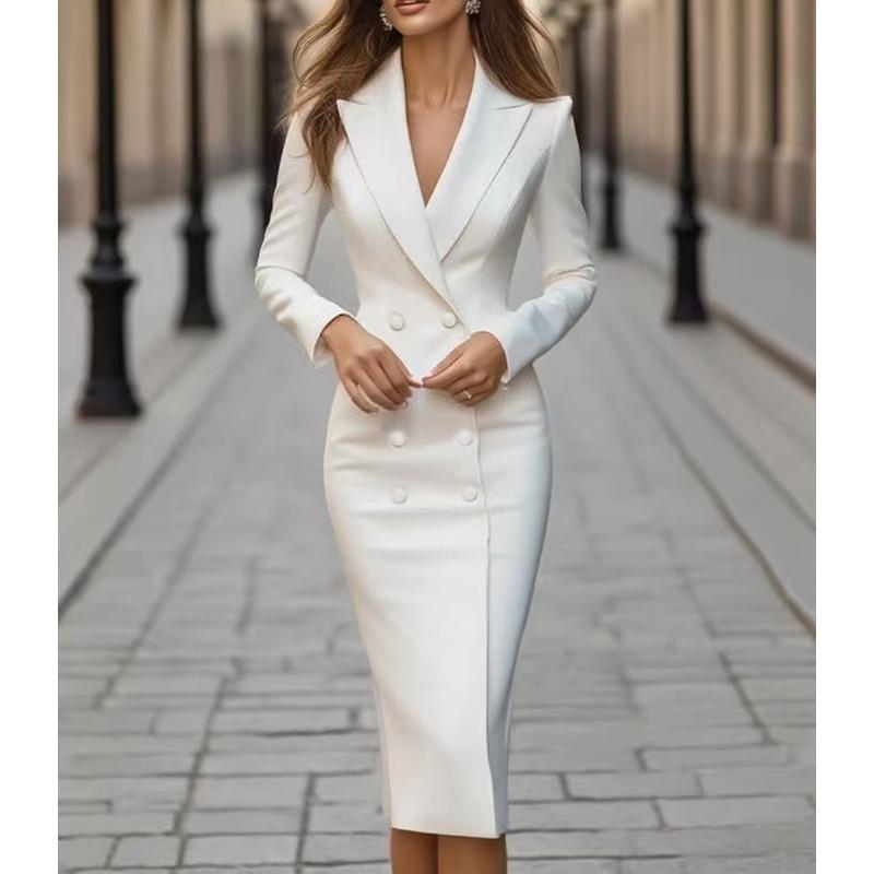 QICED Women's Fashion Autumn Winter Solid Color Print Long Sleeve POLO Neck Casual Dresses