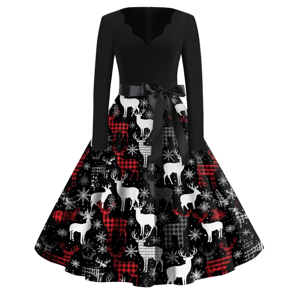 Women's Casual Fashion Christmas Print V-Neck Vintage Dress for Holiday Gatherings