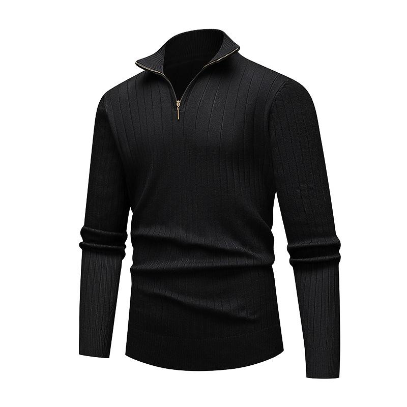 Men's European-American Half-Zip Solid Color Knit Sweater with Vertical Stripes