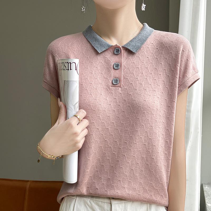 

Женский летний трикотажный свитер с коротким рукавом и лацканами, новый корейский стиль, универсальный, тонкий базовый топ-футболка XL розовый