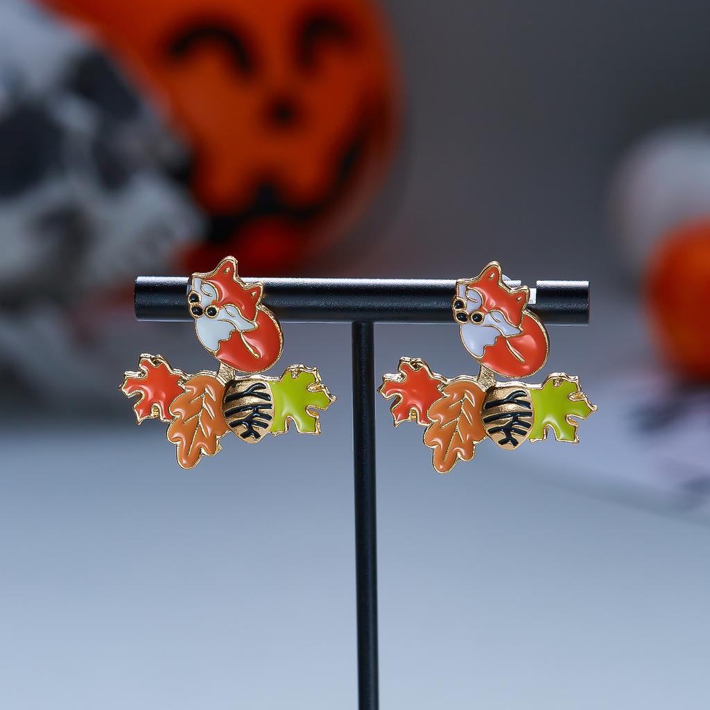 Cute 2 In 1 Red Fox Maple Leaf Enamel Stud Earrings For Women Autumn Fall Squirrel Acorn Cartoon Earring Thanksgiving Jewelry