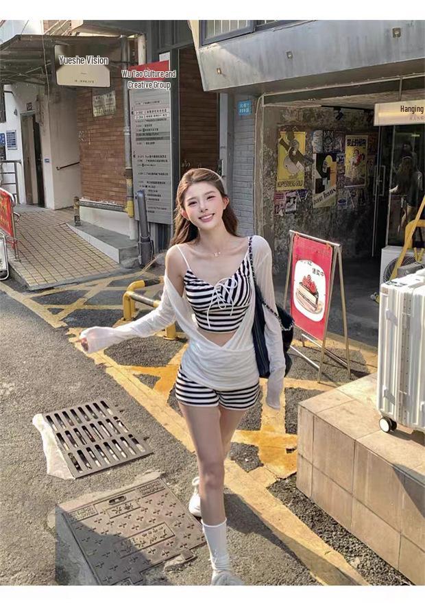 2026 Trendy Women's Long Sleeve Striped Swimsuit Cover-up with Sun Protection and Bikini Set