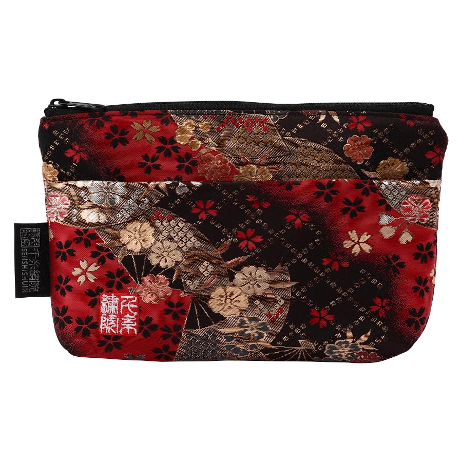 Senshishuin Nishijin Brocade Pouch with Red Fan Cherry Blossom Design (with Lining) (Small)