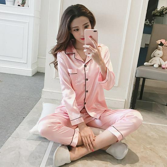 Women's Autumn Korean-Style Imitation Silk Pajamas - Long Sleeve, Two-Piece Cardigan Set for Indoor and Outdoor Wear