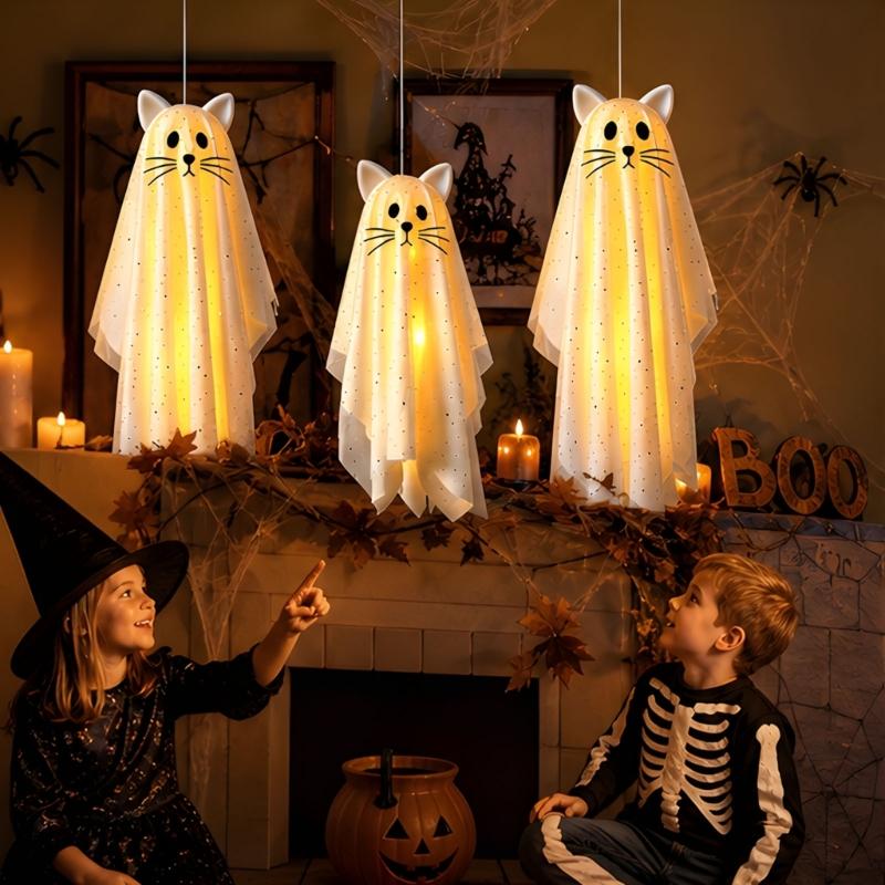 Lighted Halloween Figure for Porches and Entryways, White Draped Suspended Fabric with Remote-Controlled Light Function