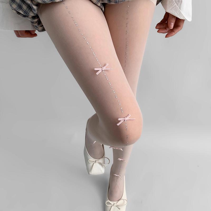 

Солодкий бант зі стразів Прозорі колготки Жіночі Тонкі нейлонові Колготки вище стегна, стійкі до зачіпок Стиль Y2K Кришталеві колготки One Size рожевий