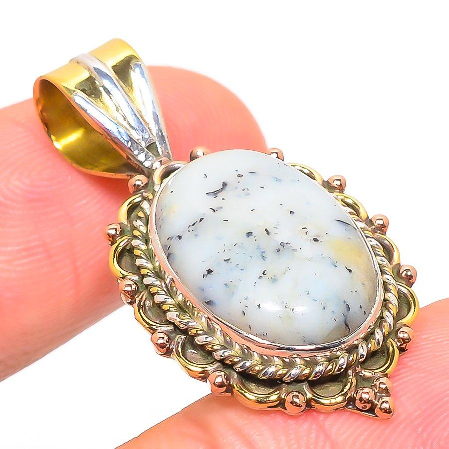 Natural Dendrite Opal TwoTone 925 Solid Sterling Silver Gift Pendant 1.50" K6M84