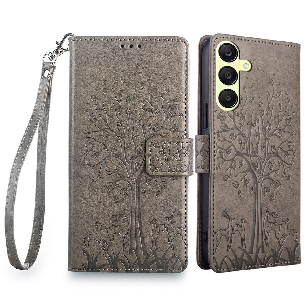 For Samsung Galaxy A25 5G (Global) (161.0 X 76.5 X 8.3mm) Case Imprinted Deer Tree Pattern 3 Card Slots Phone Protector with Hand Strap