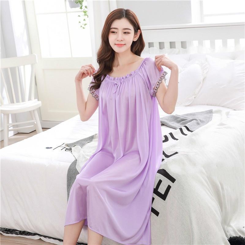 Long Nightdress Short Sleeve Loose Sleepswear New Hot Sexy Summer Womens Solid Color Sleepshirt Home Clothing Lace Ice Silk