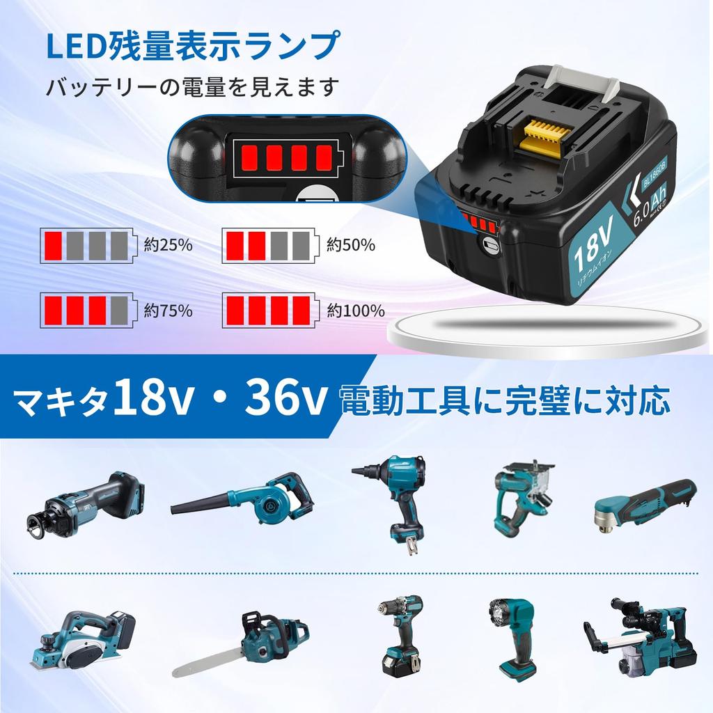 Enermall Makita 18V Compatible BL1860B 6000mAh DC18RF Compatible Charger Set PSE Certified Battery with LED Battery Level Indicator and Protection