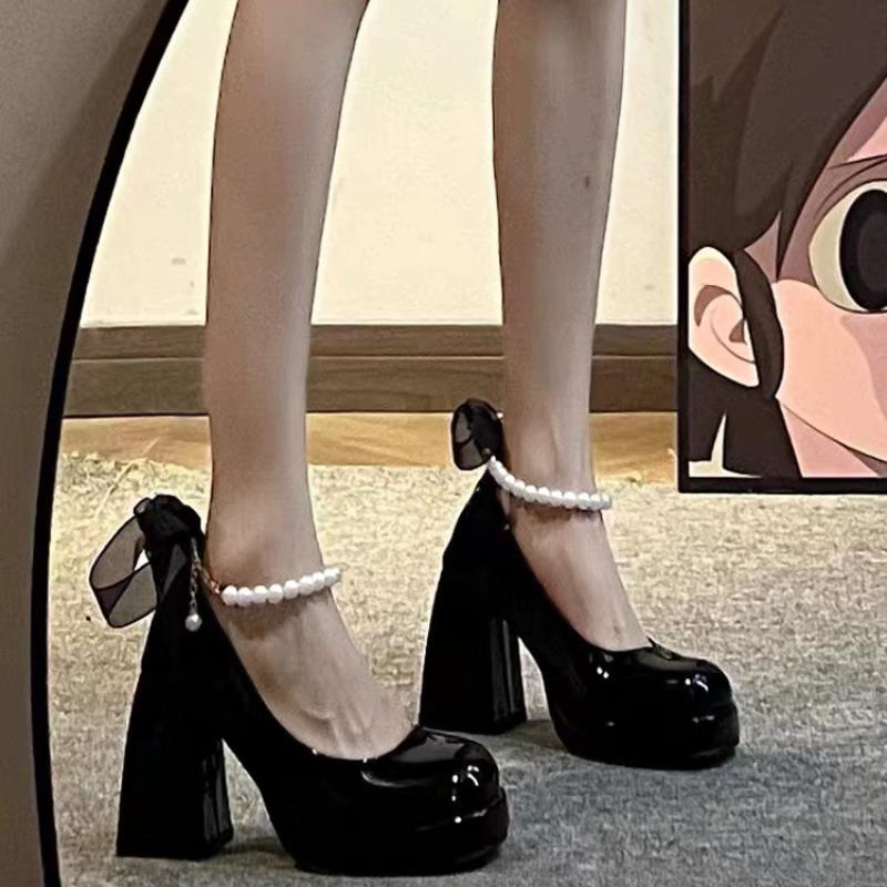 Mary Jane Bowknot Margarite Princess Shoes Thick Heel 2024 New Fashion Casual Simple All-match Solid Color High Heels Autumntime